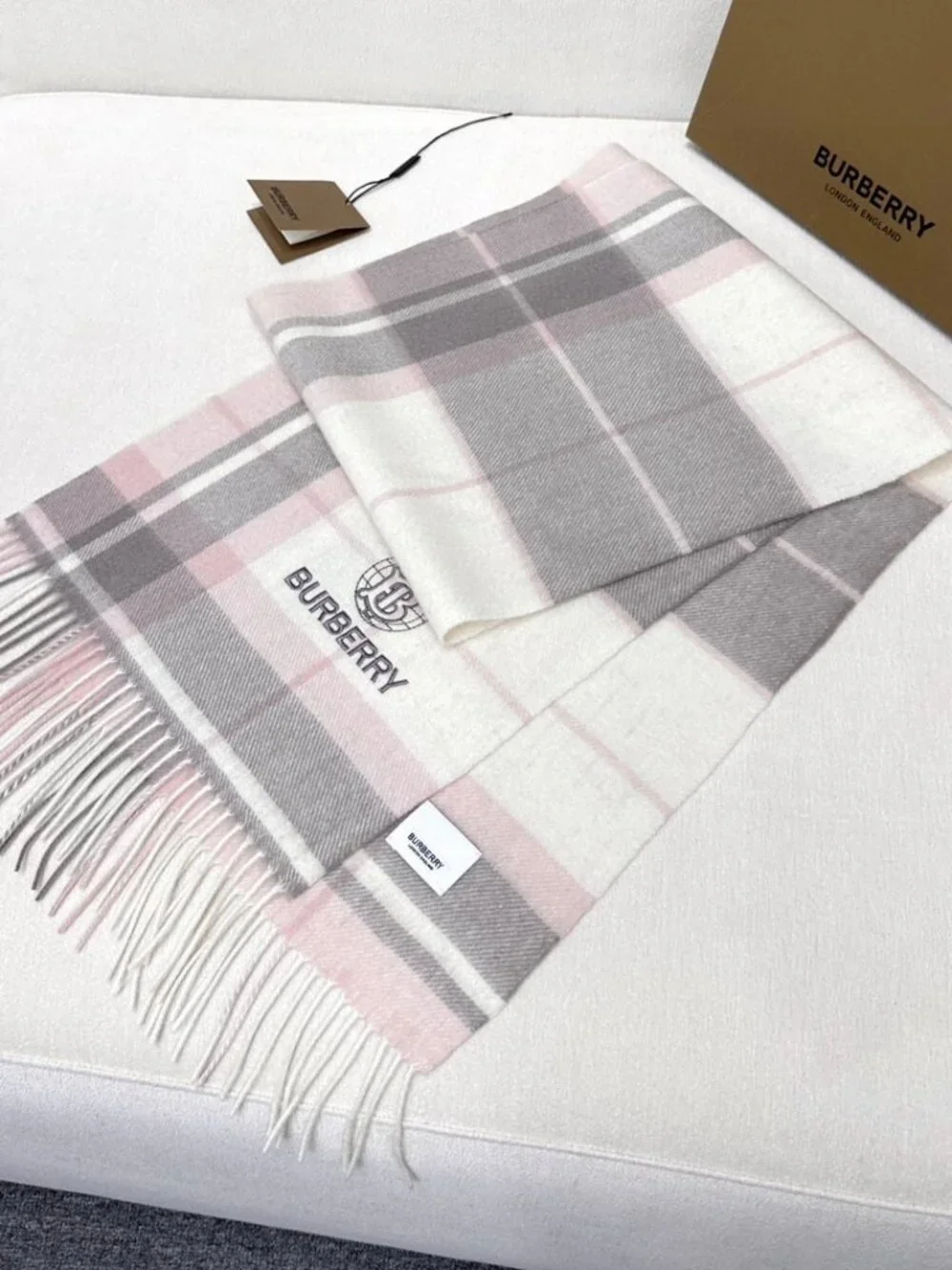 Burberry Embroidered TB Logo Cream‑Tone Check Scarf Soft Fringe Designer Shawl